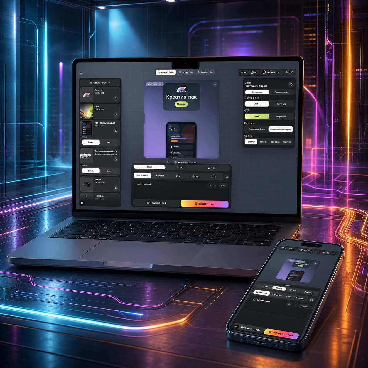 MacBook и iPhone на тёмном столе с открытым реальным интерфейсом Formatry Studio