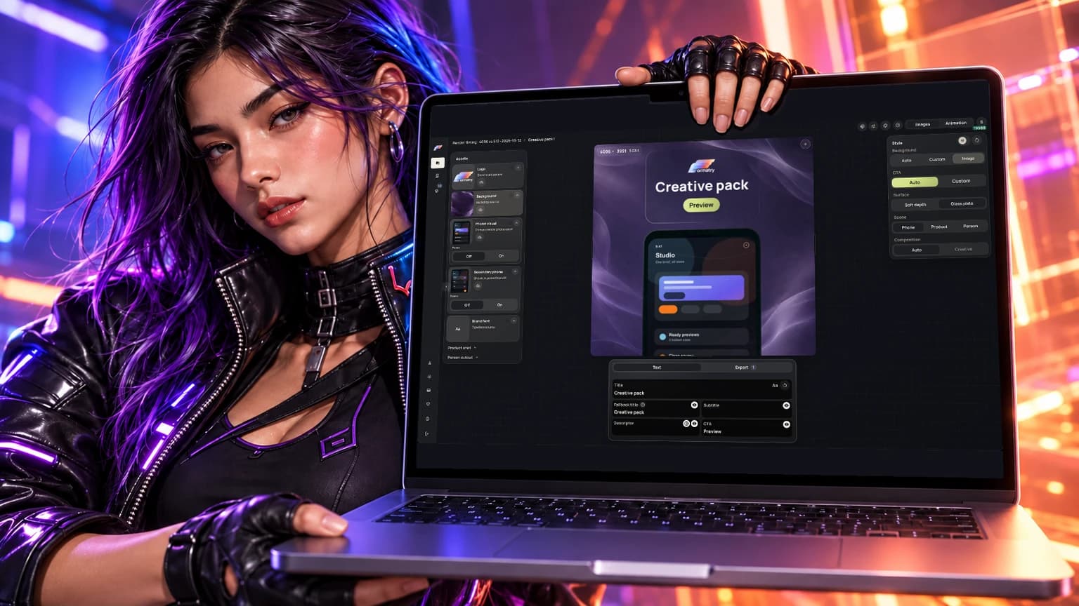 Formatry Girl holds an open MacBook in a colorful studio; its screen shows the real English Formatry Studio interface