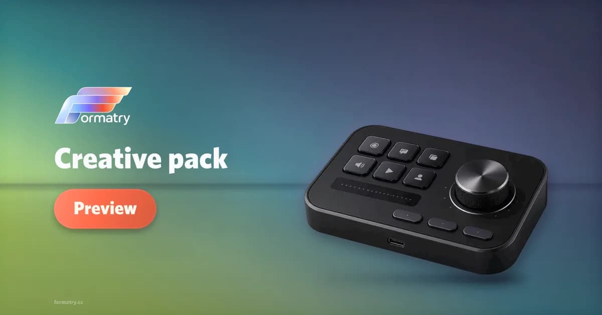 Formatry ad with a black editing controller on the right and Creative pack copy and a Preview button on the left.