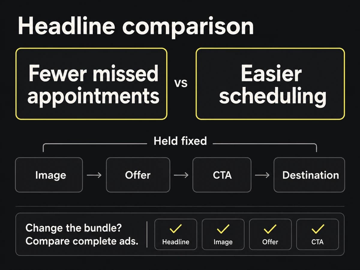 A headline comparison changes only the message while image, offer, action and destination stay fixed; a bundled change answers a different question.