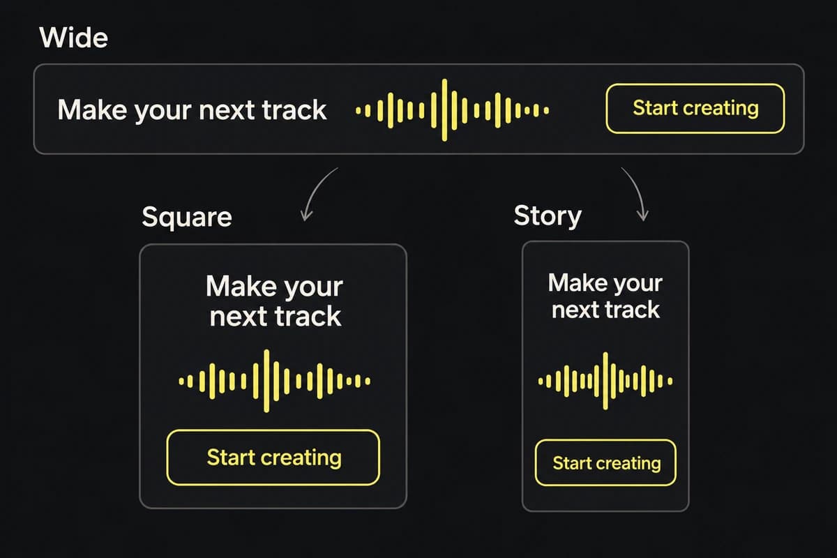 The LOOP audio campaign keeps its headline, waveform and action while rearranging them from a wide row into square and vertical stacks.