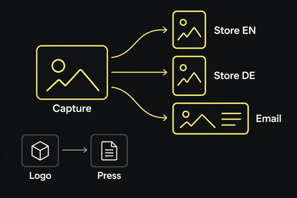 A changed source capture branches to store frames and an email crop, showing which exports need replacement.