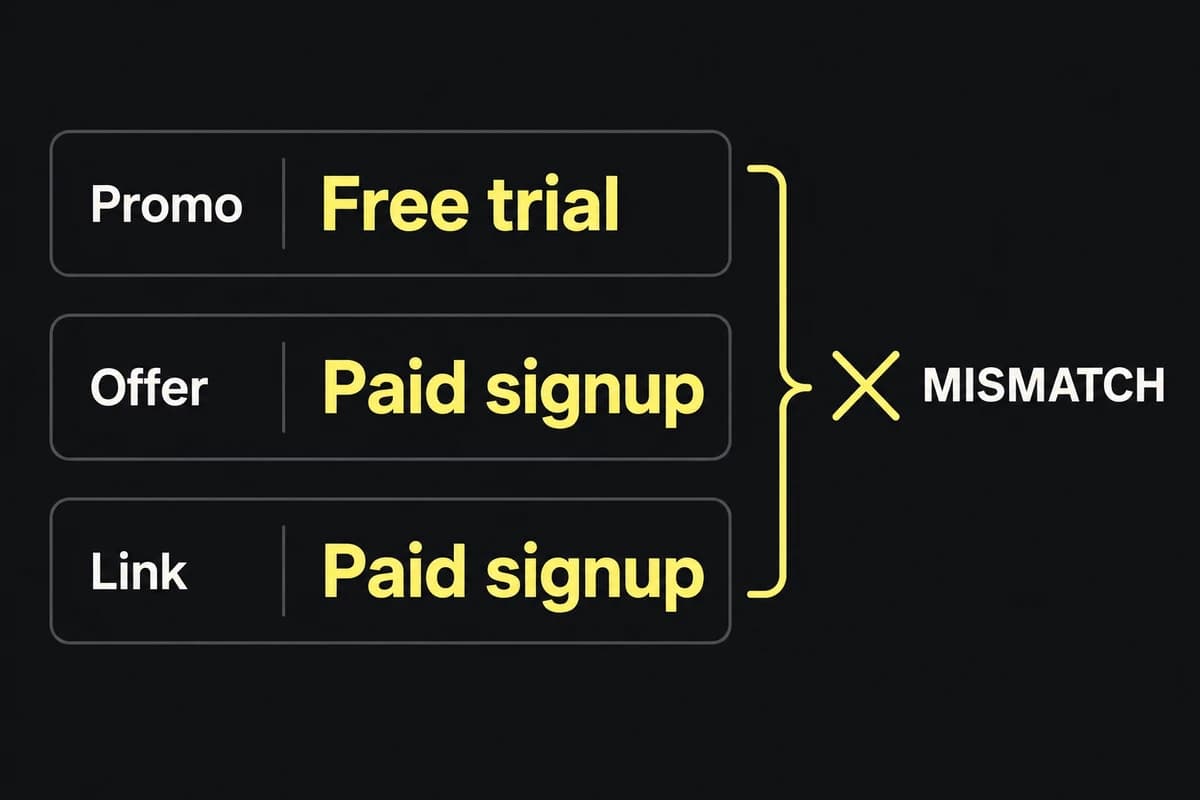 An example promotion promises a free trial while the approved offer and destination both say paid signup.