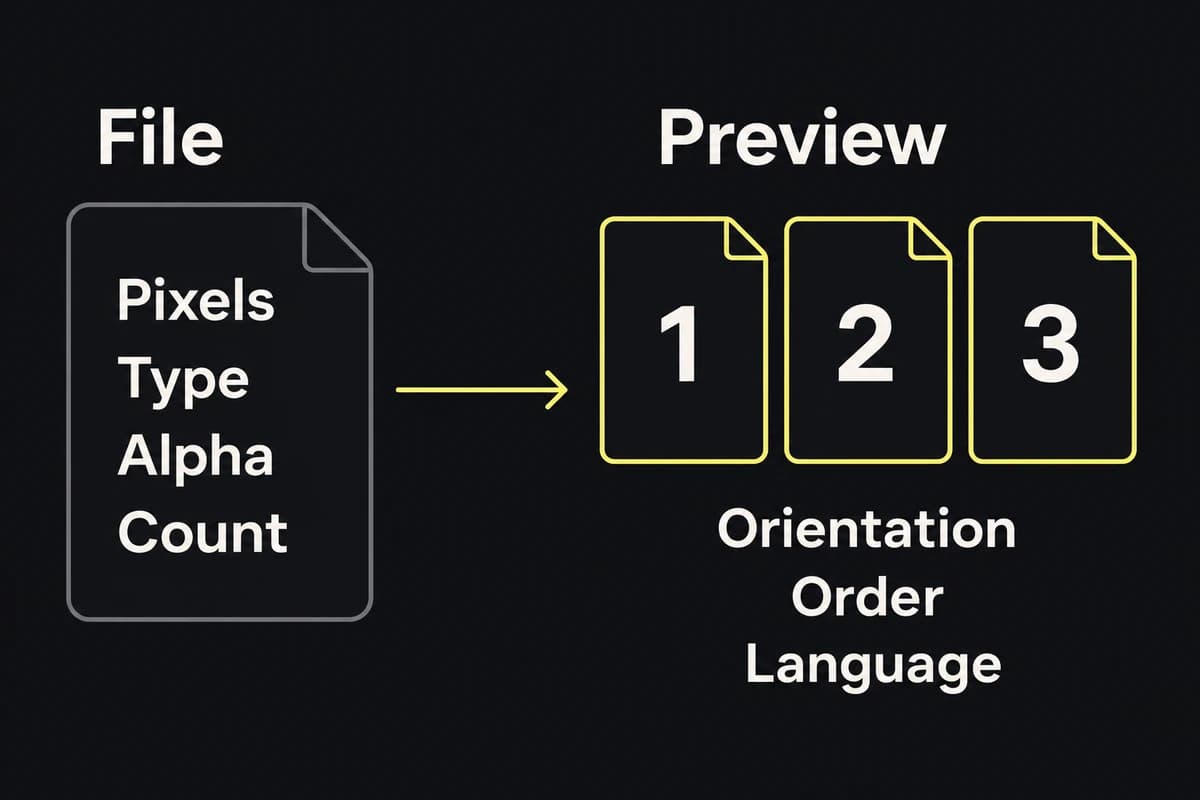 File checks cover pixels, type, alpha, and count; processed preview checks separately cover orientation, order, and language.