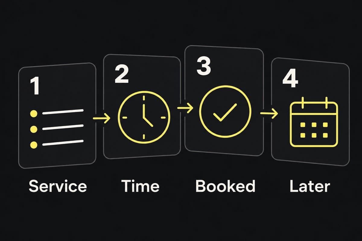 Four storyboard frames progress from choosing a service to a time, confirmation, and finding the booking later.