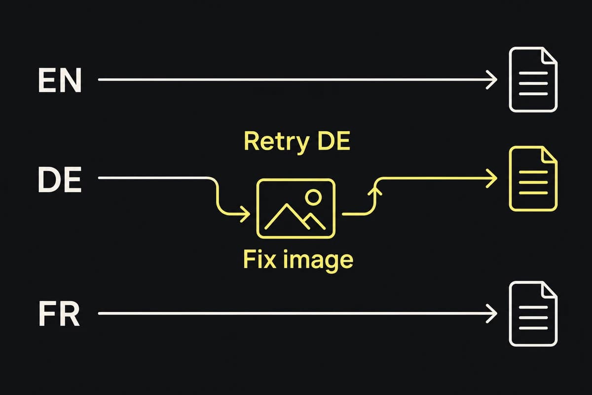 A missing-image locale branches into a repair loop while the other approved locale outputs remain untouched.