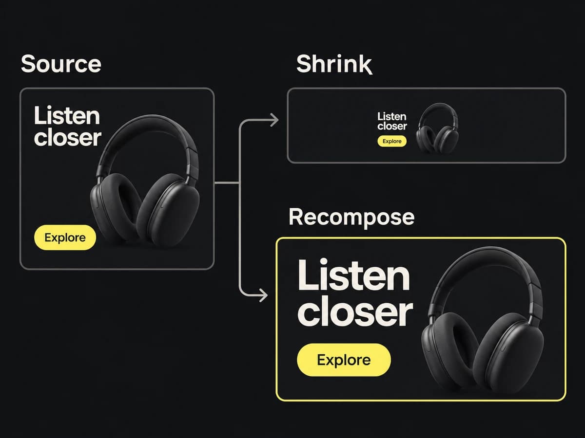 A fictional headphone campaign retains its headline, yellow action and product proportions while its layout changes from square to wide.