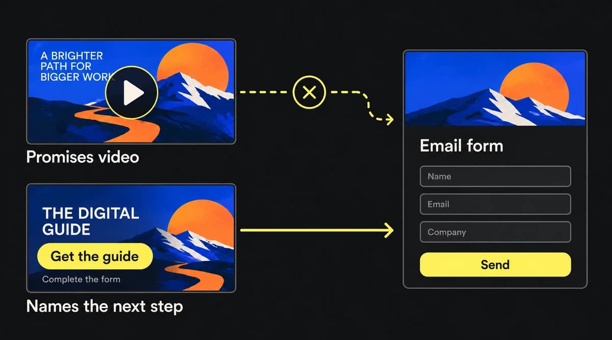 A play cue promises a video but leads to an email form. A guide-request message makes the form step explicit before the click.