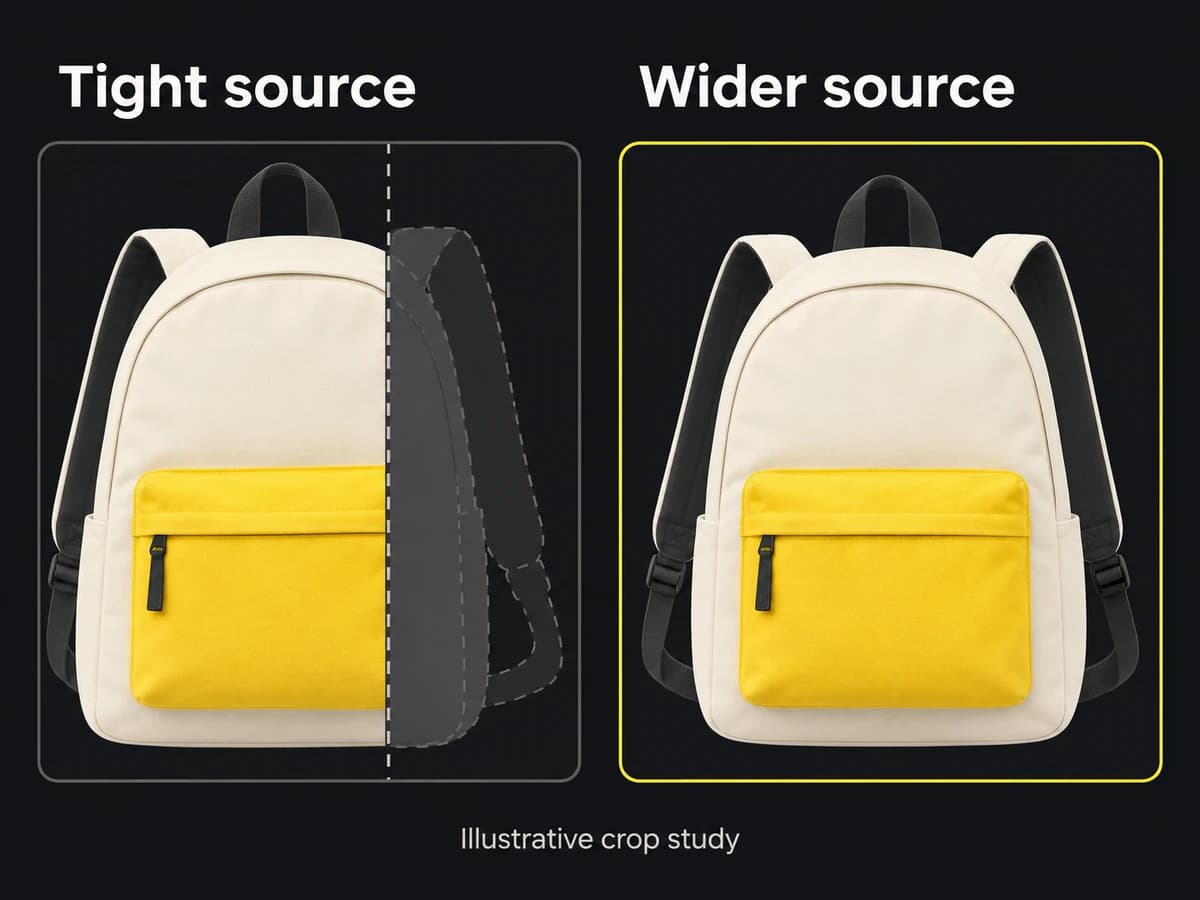 A fictional product specimen shows a tight source clipping a backpack in a vertical crop, while a wider source keeps it whole.
