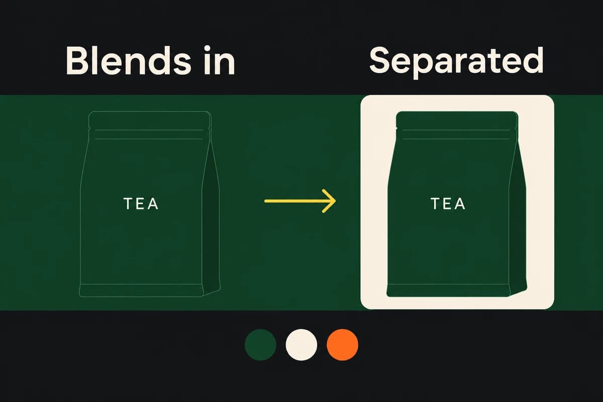 The same dark green tea package blends into a green background and separates when a cream backing is added.