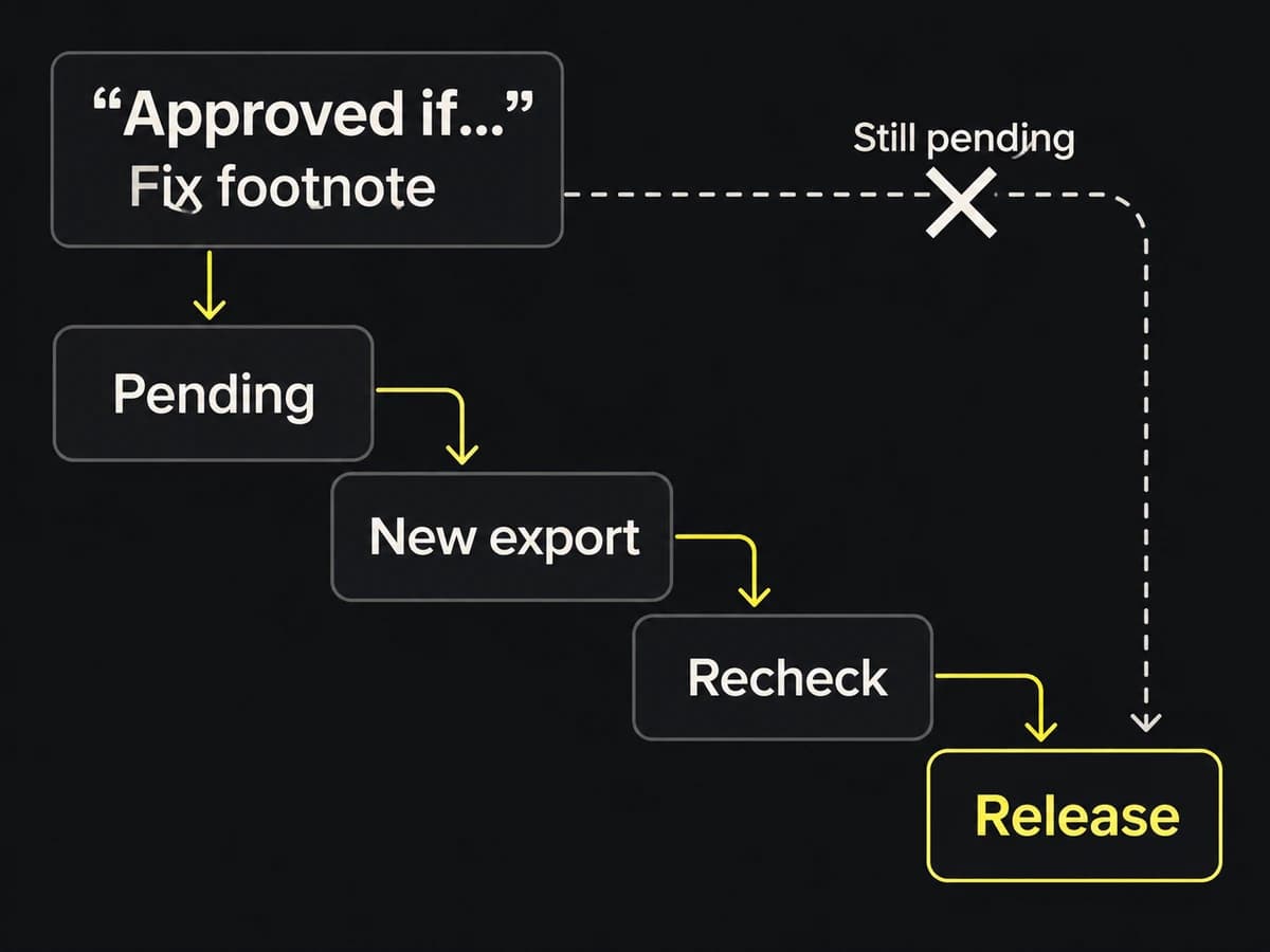 A conditional footnote approval stays pending through correction and recheck before the exact new export can be released.