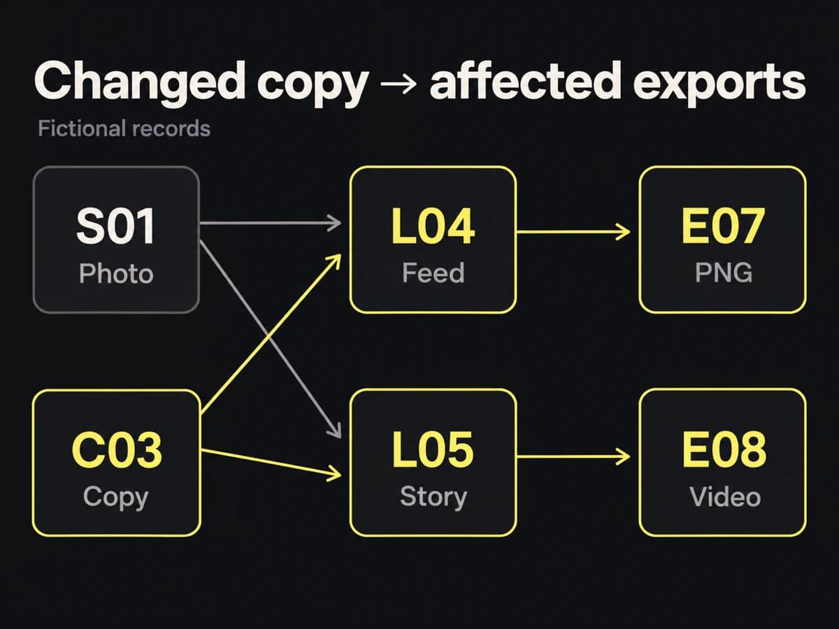 Copy revision C03 affects layouts L04 and L05 and then exports E07 and E08; the source photograph S01 feeds both layouts too.