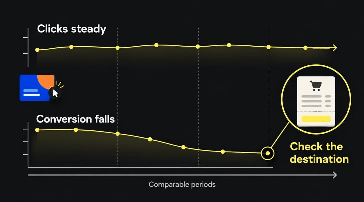 In an illustrative diagnostic comparison, click response stays steady while post-click conversion falls, so the destination needs investigation before replacing the ad.