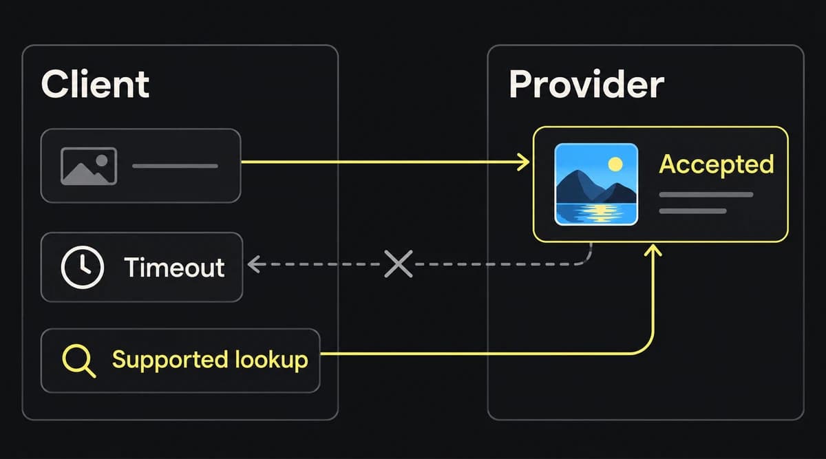 A request reaches an accepted provider job but its response is lost. A supported lookup reconnects the client to the same job instead of creating another.