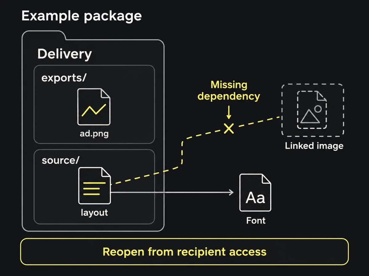 An illustrative delivery package separates exports from editable source and shows that a missing linked image still blocks the source handoff.