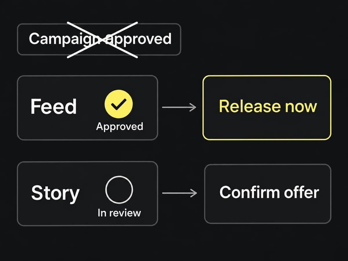The campaign status is replaced by separate feed and story states, with only the approved feed inside the release boundary.
