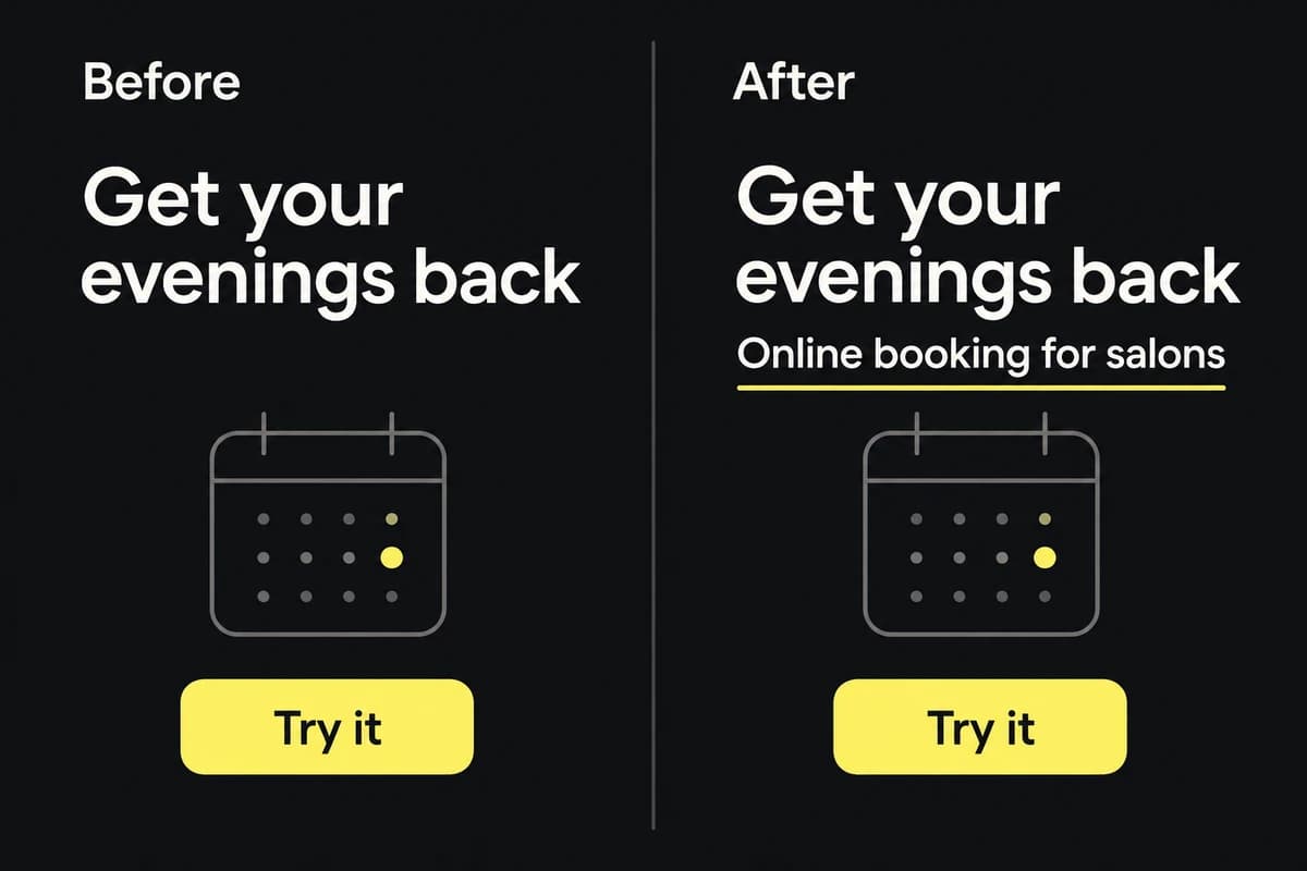 A booking ad keeps its benefit headline and adds a short product description to remove ambiguity.