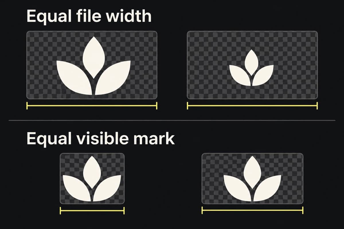 Equal file bounds show unequal visible marks; removing excess transparent padding aligns the same mark at equal visible size.