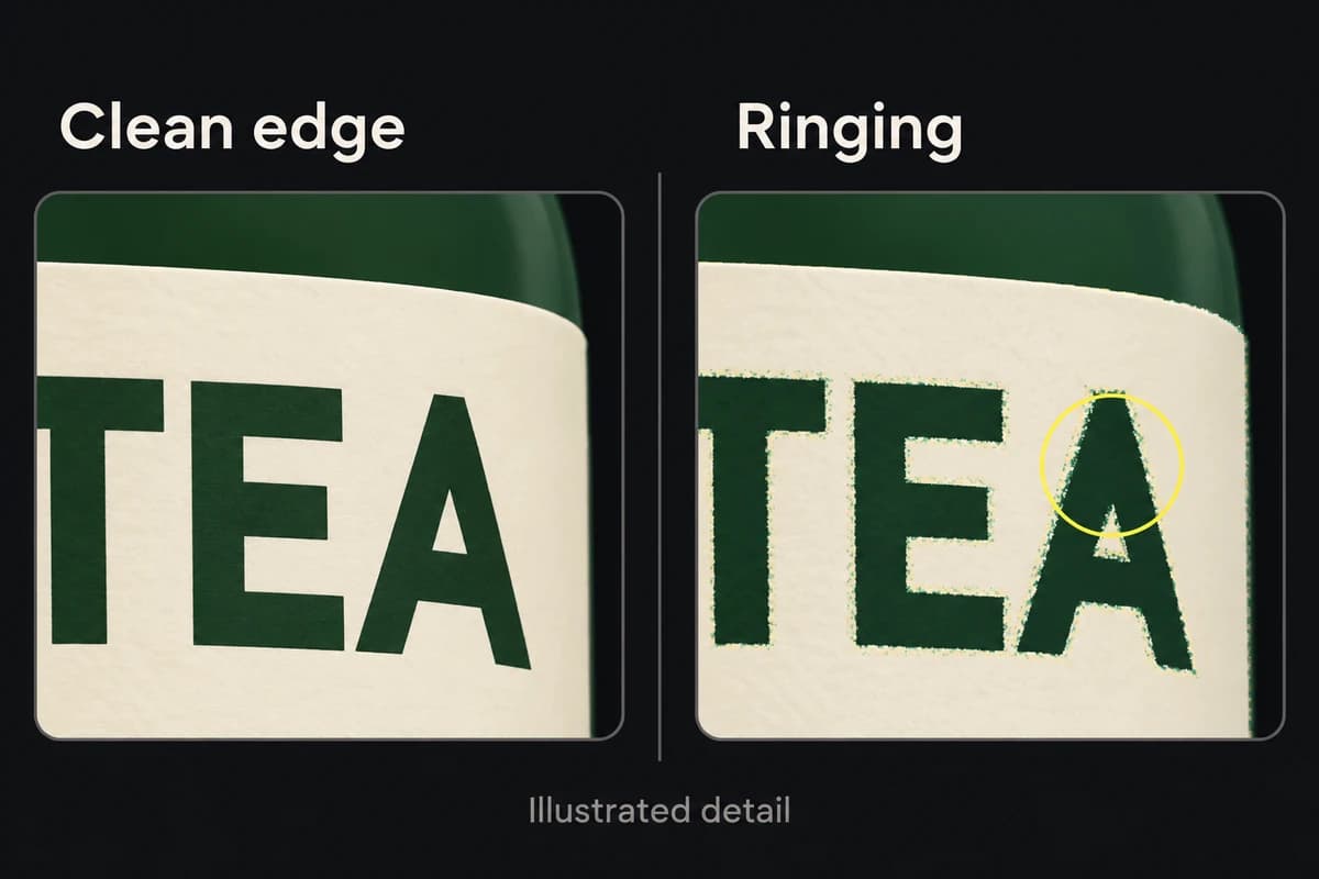 Illustrated tea-label detail compares clean lettering with speckled ringing around a high-contrast edge.