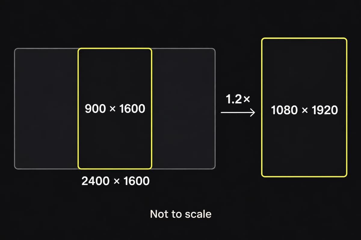 A schematic 900 by 1600 crop inside a 2400 by 1600 source is enlarged 1.2 times to 1080 by 1920; shapes are not to scale.