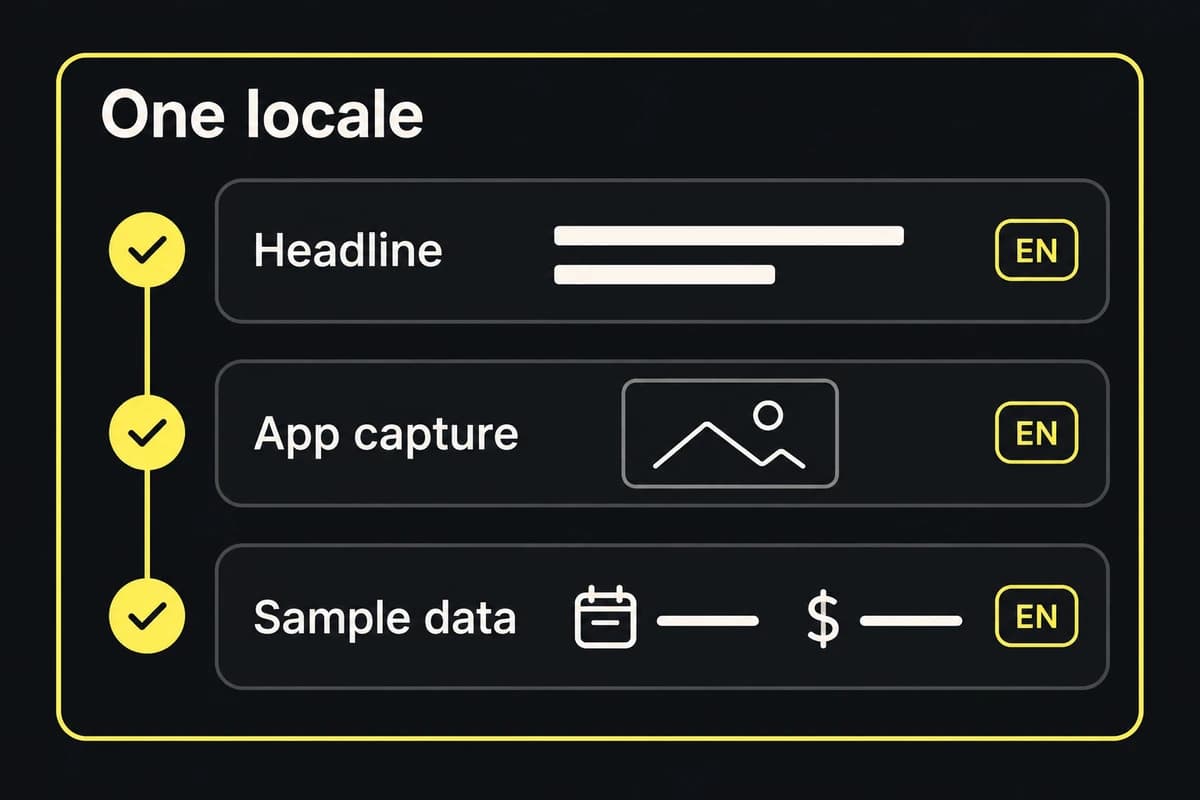 A locale review connects the translated headline, app capture and sample data into one checked set.