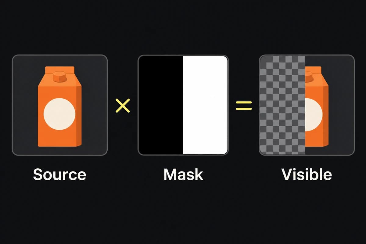 Source multiplied by a black-left and white-right mask reveals only the original right half of an orange carton.