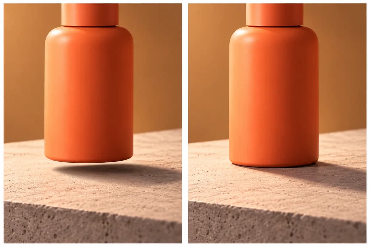 Constructed comparison: an orange bottle floats above an offset shadow on the left; on the right its base meets the tabletop with a tight contact shadow and a longer cast shadow.