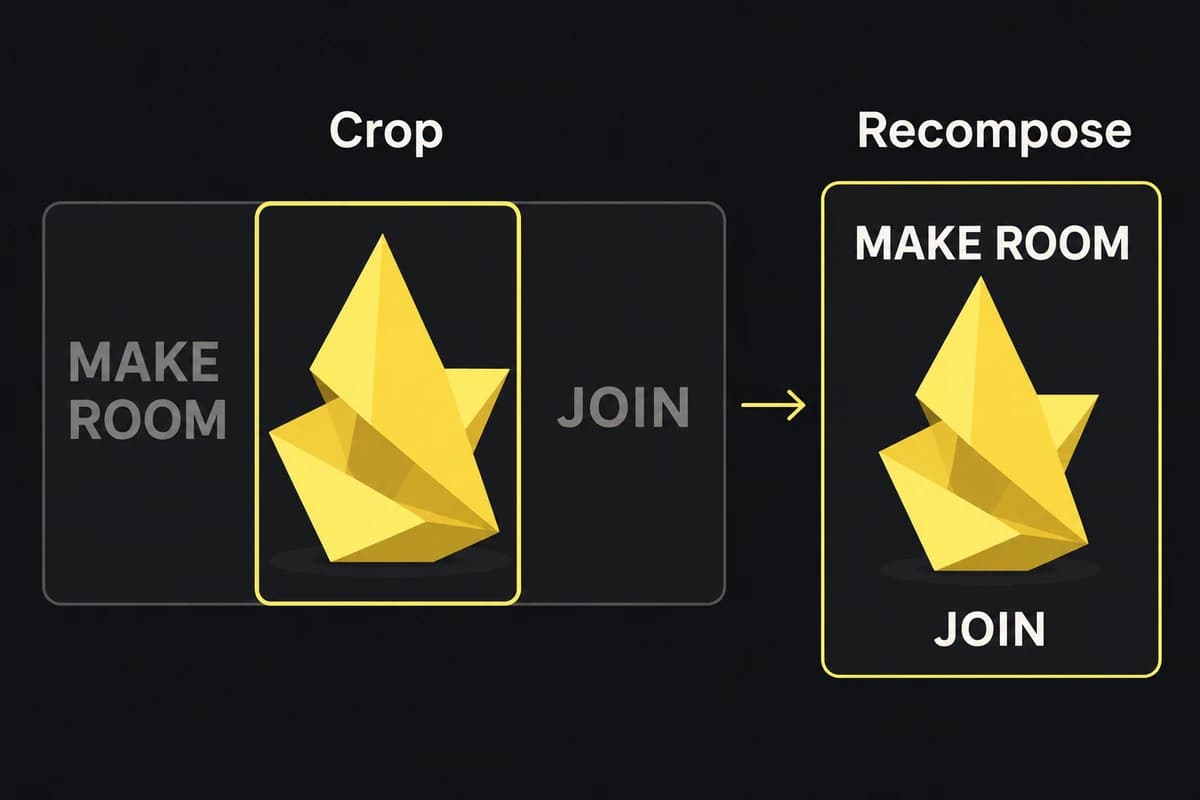 A center crop loses the workshop headline and action, while a recomposed vertical keeps both.