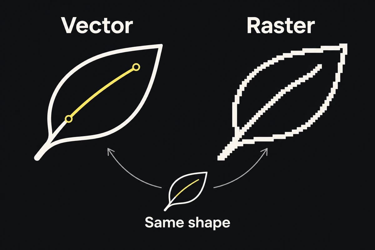 The same enlarged leaf shape has a smooth vector contour and a coarse stair-step raster contour.