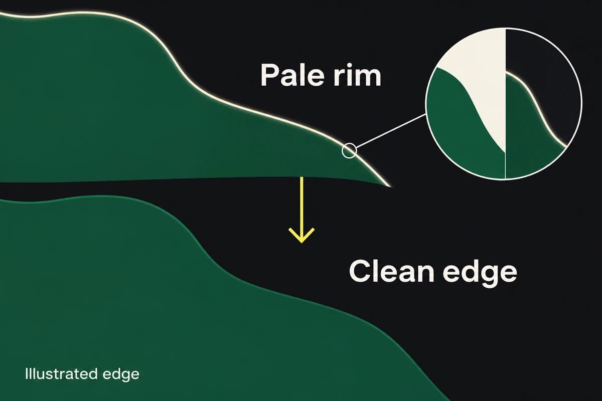 An illustrated pale rim appears around a green cutout on dark backing; the repaired edge has no pale halo.