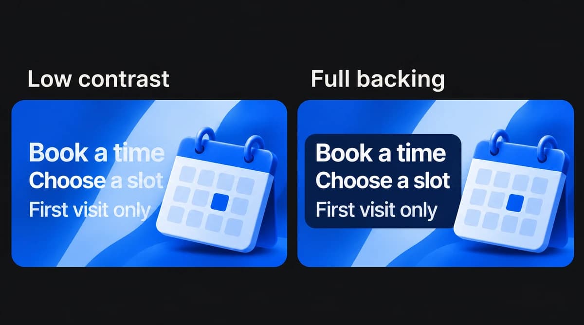 White booking copy loses contrast over a bright stripe. A dark backing on the second ad keeps the offer and First visit only legible together.