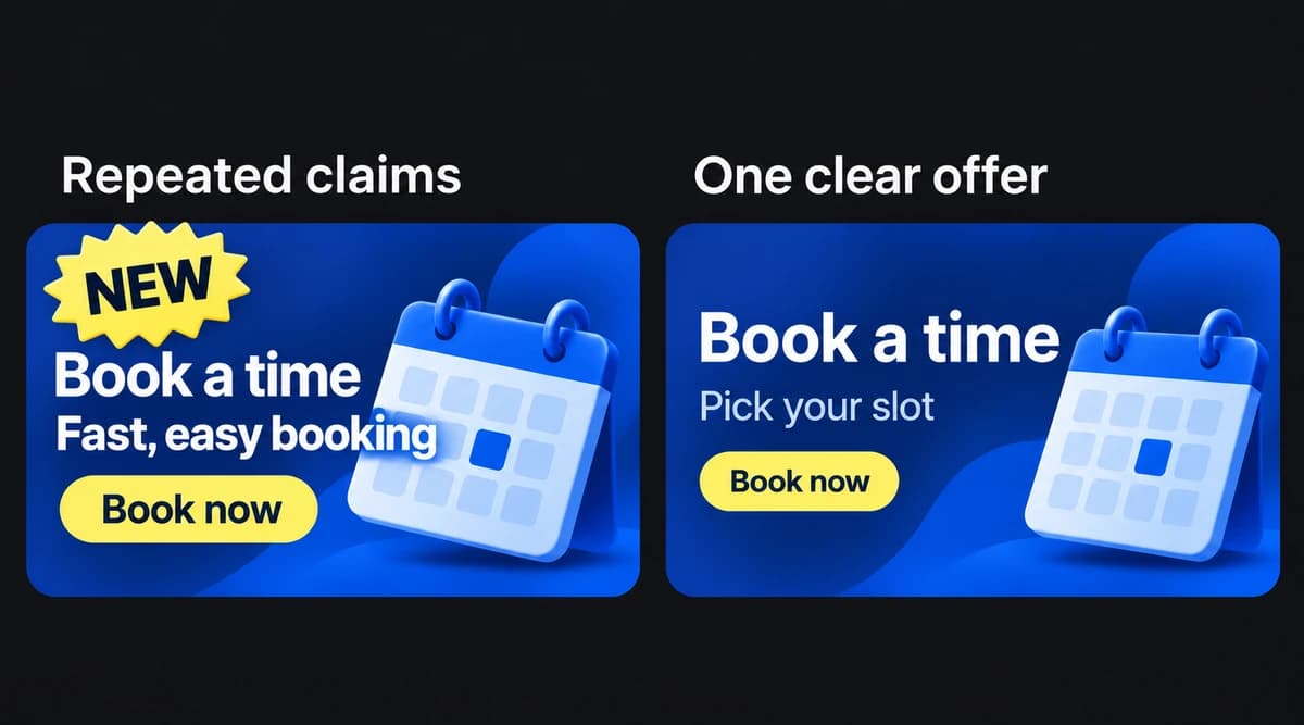 The first booking ad repeats its promise in Fast, easy booking and gives a NEW badge equal emphasis. The second keeps one offer, a useful instruction and one action.