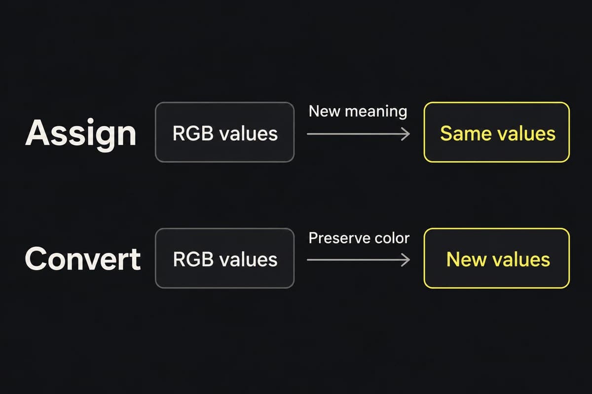 Assign keeps RGB numbers and changes their meaning; convert changes the numbers to preserve color where the destination permits.
