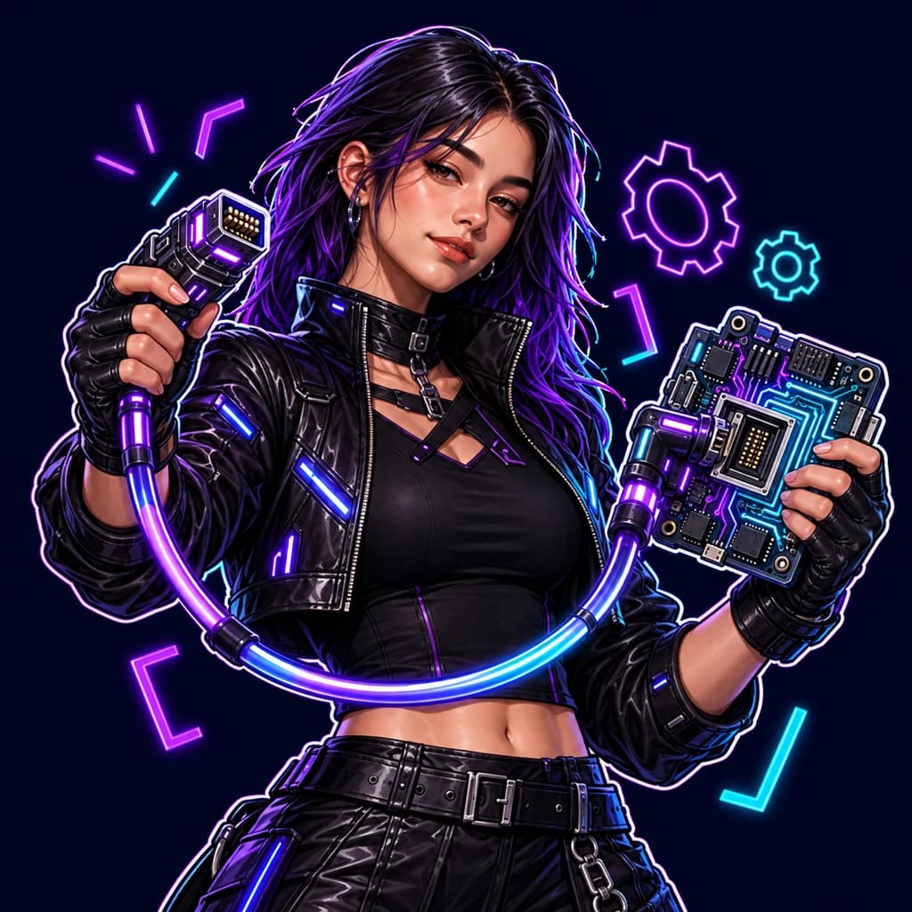 Formatry Girl holding a circuit board and cable connector