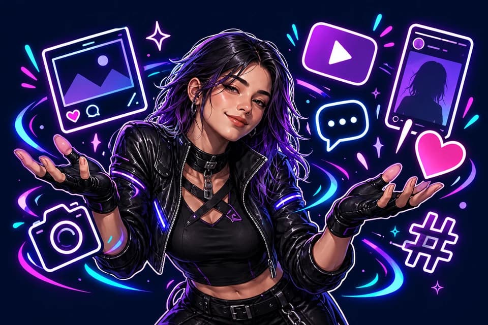 Formatry Girl surrounded by social posts, stories, and reaction doodles