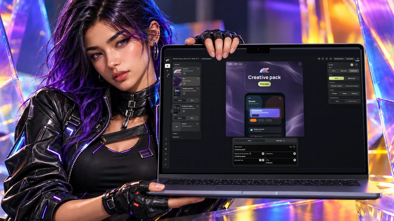 Formatry Girl держит MacBook в яркой студии; на экране открыт настоящий русский интерфейс Formatry Studio