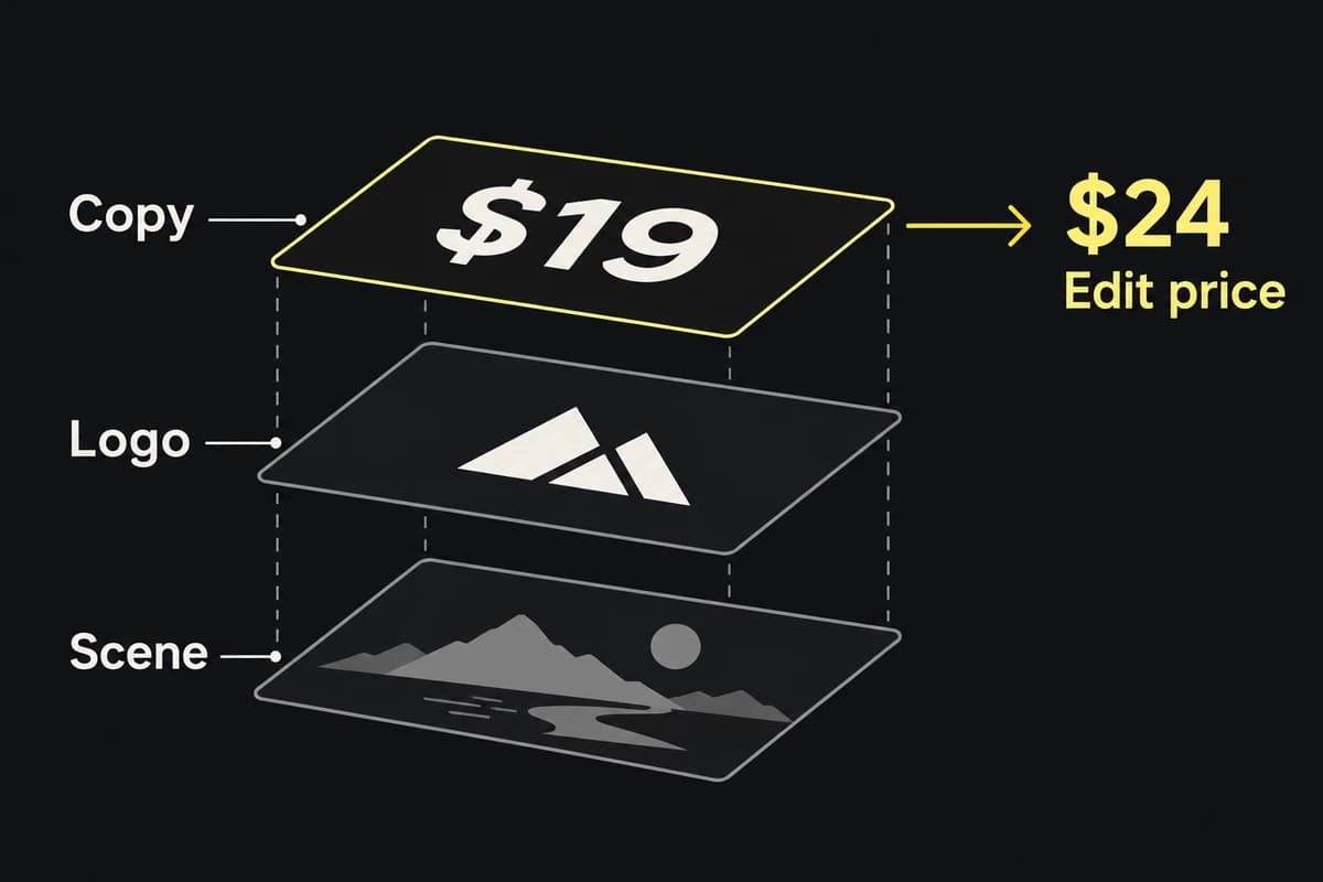 Editable price and logo layers sit above a reusable scene asset, so changing the price preserves the scene.