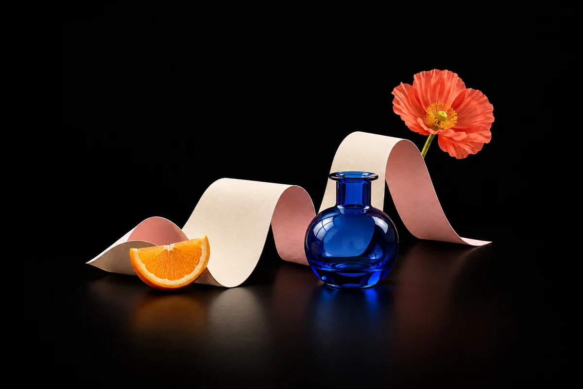 A paper wave, flower, glass and orange